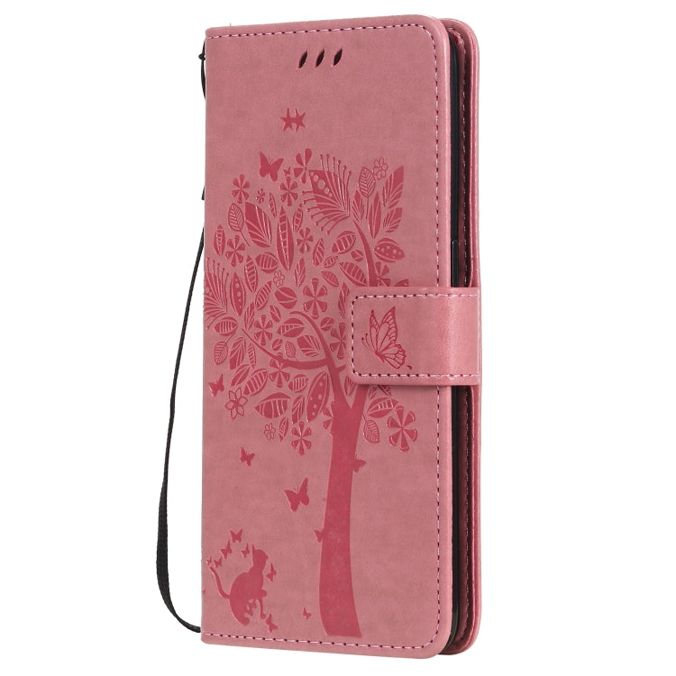 For OPPO Reno5 5G Tree & Cat Pattern Pressed Printing Horizontal Flip PU Leather Case with Holder & Card Slots & Wallet & Lanyard(Rose Gold) - OPPO Cases by buy2fix | Online Shopping UK | buy2fix