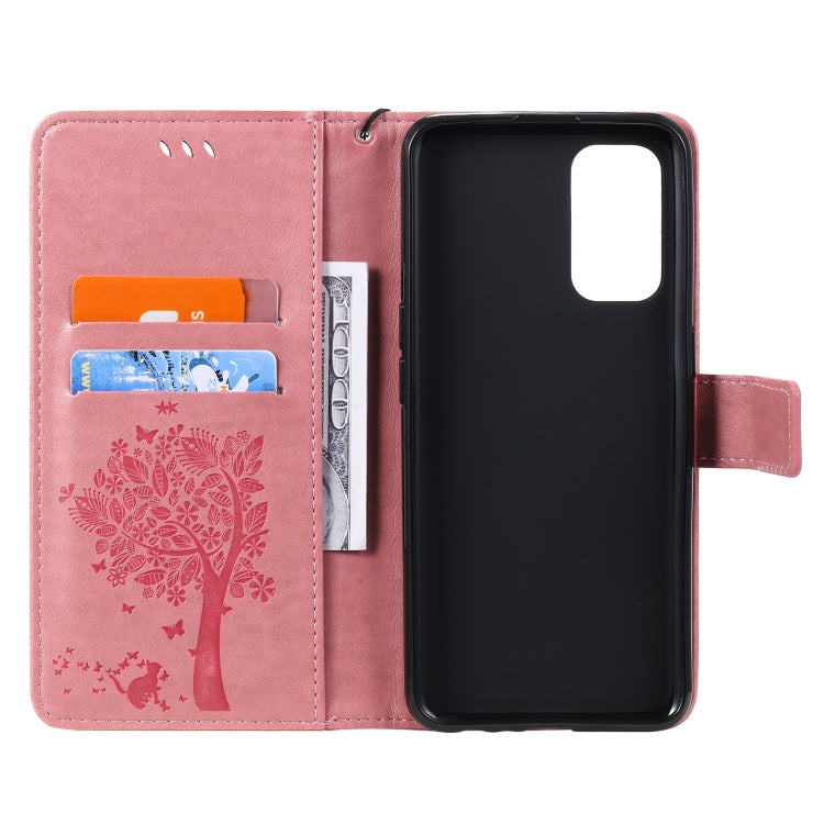 For OPPO Reno5 5G Tree & Cat Pattern Pressed Printing Horizontal Flip PU Leather Case with Holder & Card Slots & Wallet & Lanyard(Rose Gold) - OPPO Cases by buy2fix | Online Shopping UK | buy2fix