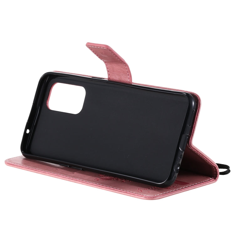 For OPPO Reno5 5G Tree & Cat Pattern Pressed Printing Horizontal Flip PU Leather Case with Holder & Card Slots & Wallet & Lanyard(Rose Gold) - OPPO Cases by buy2fix | Online Shopping UK | buy2fix