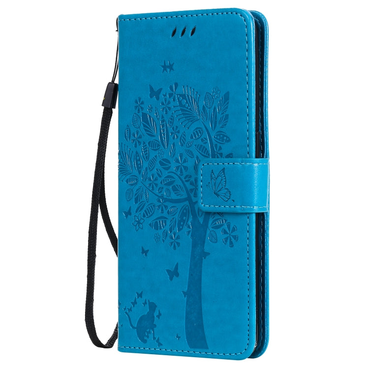 For OPPO Reno5 5G Tree & Cat Pattern Pressed Printing Horizontal Flip PU Leather Case with Holder & Card Slots & Wallet & Lanyard(Blue) - OPPO Cases by buy2fix | Online Shopping UK | buy2fix