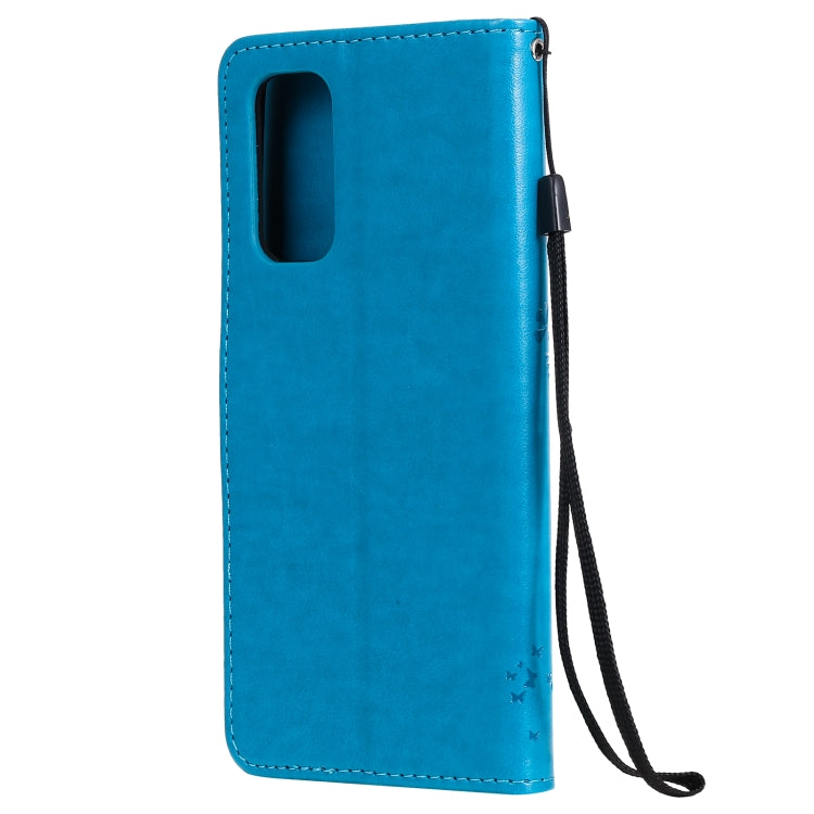 For OPPO Reno5 5G Tree & Cat Pattern Pressed Printing Horizontal Flip PU Leather Case with Holder & Card Slots & Wallet & Lanyard(Blue) - OPPO Cases by buy2fix | Online Shopping UK | buy2fix