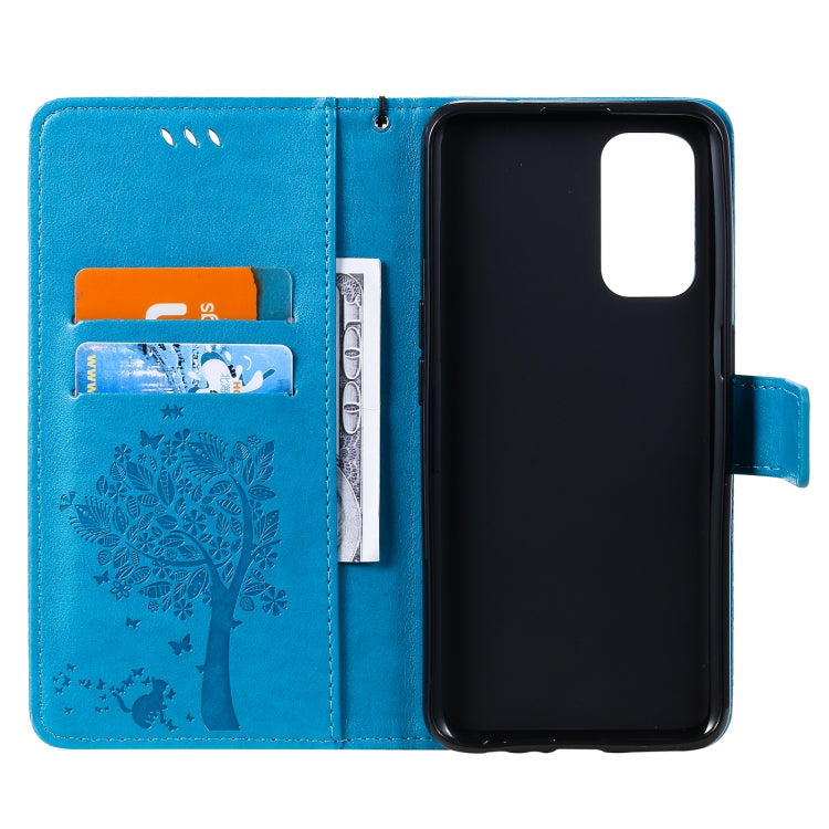 For OPPO Reno5 5G Tree & Cat Pattern Pressed Printing Horizontal Flip PU Leather Case with Holder & Card Slots & Wallet & Lanyard(Blue) - OPPO Cases by buy2fix | Online Shopping UK | buy2fix