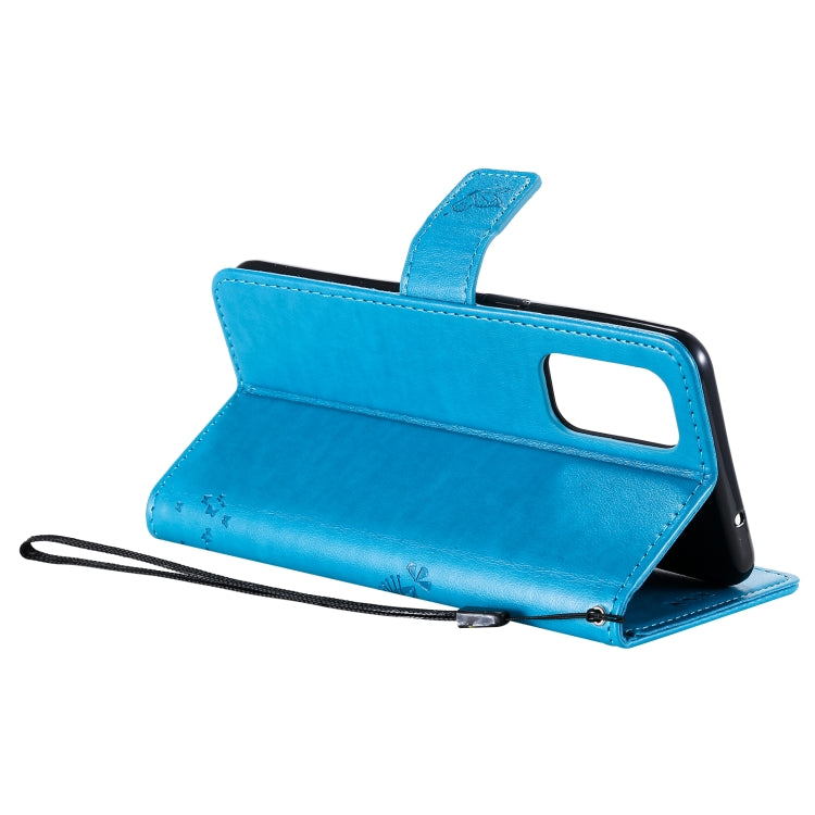 For OPPO Reno5 5G Tree & Cat Pattern Pressed Printing Horizontal Flip PU Leather Case with Holder & Card Slots & Wallet & Lanyard(Blue) - OPPO Cases by buy2fix | Online Shopping UK | buy2fix