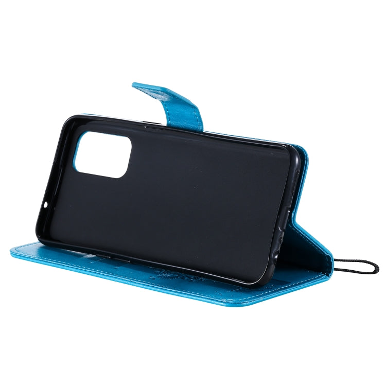 For OPPO Reno5 5G Tree & Cat Pattern Pressed Printing Horizontal Flip PU Leather Case with Holder & Card Slots & Wallet & Lanyard(Blue) - OPPO Cases by buy2fix | Online Shopping UK | buy2fix