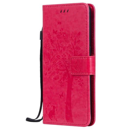For OPPO Reno5 5G Tree & Cat Pattern Pressed Printing Horizontal Flip PU Leather Case with Holder & Card Slots & Wallet & Lanyard(Rose Red) by buy2fix