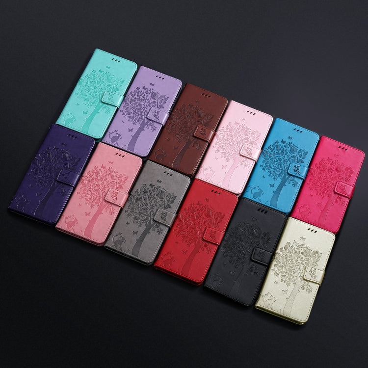 For OPPO Reno5 5G Tree & Cat Pattern Pressed Printing Horizontal Flip PU Leather Case with Holder & Card Slots & Wallet & Lanyard(Rose Red) by buy2fix