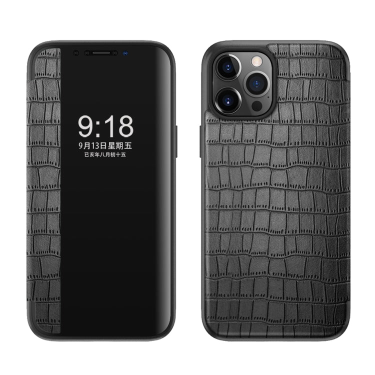 For iPhone 12 / 12 Pro Crocodile Texture Display Window Horizontal Flip Leather Case(Black) - iPhone 12 / 12 Pro Cases by buy2fix | Online Shopping UK | buy2fix