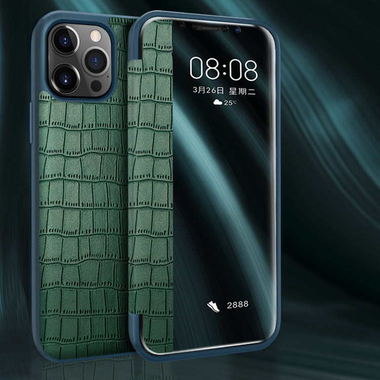 For iPhone 12 / 12 Pro Crocodile Texture Display Window Horizontal Flip Leather Case(Brown) - iPhone 12 / 12 Pro Cases by buy2fix | Online Shopping UK | buy2fix
