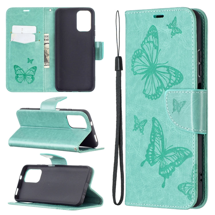 For Xiaomi Redmi Note 10 4G/Note 10s Two Butterflies Embossing Pattern Horizontal Flip Leather Case with Holder & Card Slot & Wallet & Lanyard(Green) - Xiaomi Cases by buy2fix | Online Shopping UK | buy2fix