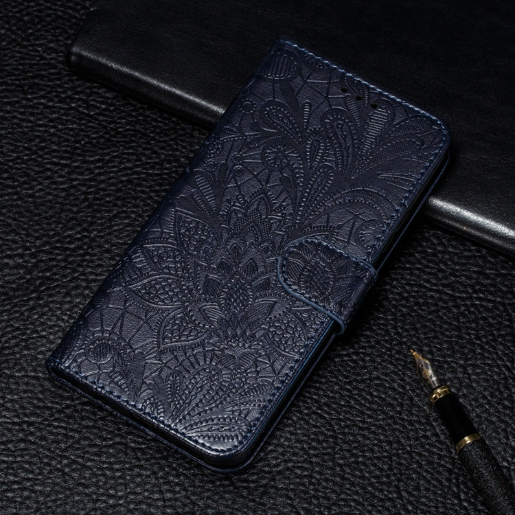 For Motorola Moto E7 Power Lace Flower Embossing Pattern Horizontal Flip Leather Case with Holder & Card Slots & Wallet & Photo Frame(Dark Blue) by buy2fix