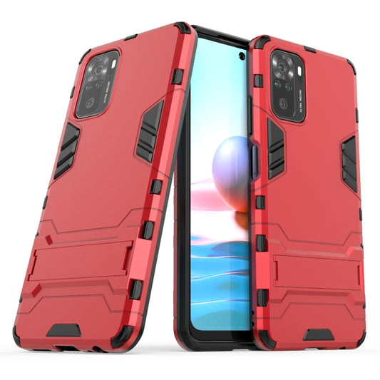 For Xiaomi Redmi Note 10 4G Shockproof PC + TPU Protective Case with Hidden Holder(Red) by buy2fix