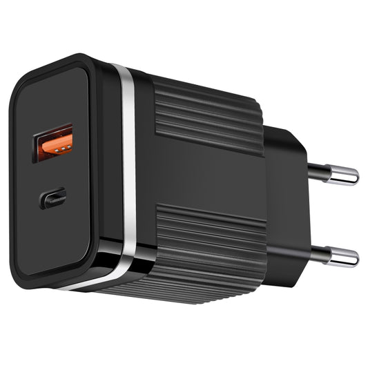 RSY USB + USB-C / Type-C Dual Ports Fast Charging Travel Charger, EU Plug(Black) by buy2fix