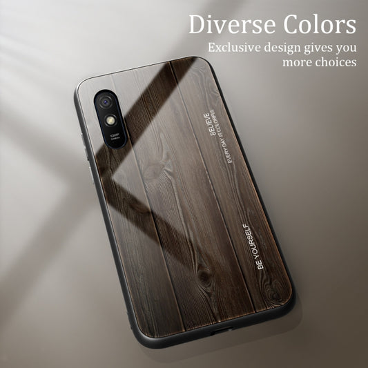For Xiaomi Redmi 9A Wood Grain Tempered Glass + TPU Shockproof Case(M01) by buy2fix