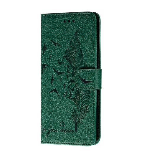 For Galaxy A20s Feather Pattern Litchi Texture Horizontal Flip Leather Case with Holder & Wallet & Card Slots(Green) by buy2fix