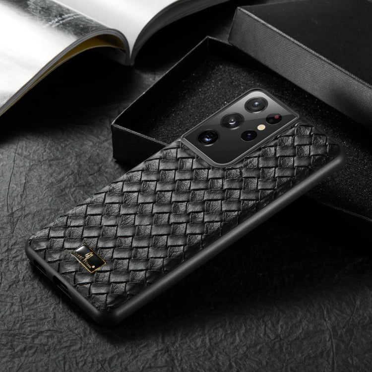 For Samsung Galaxy S21 Ultra 5G Fierre Shann Leather Texture Phone Back Cover Case(Woven Black) - Galaxy S21 Ultra 5G Cases by FIERRE SHANN | Online Shopping UK | buy2fix