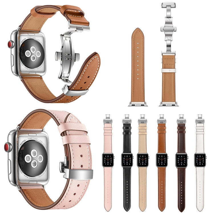 Genuine Leather + Butterfly Silver Buckle Watch Band For Apple Watch Series 7 45mm / 6 & SE & 5 & 4 44mm / 3 & 2 & 1 42mm(Black) by buy2fix