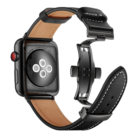 Genuine Leather + Butterfly Black Buckle Watch Band For Apple Watch Series 7 45mm / 6 & SE & 5 & 4 44mm / 3 & 2 & 1 42mm(Black) by buy2fix