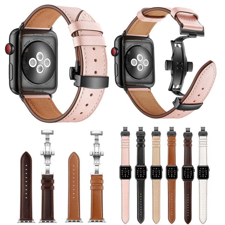 Genuine Leather + Butterfly Black Buckle Watch Band For Apple Watch Series 7 45mm / 6 & SE & 5 & 4 44mm / 3 & 2 & 1 42mm(Brown) by buy2fix