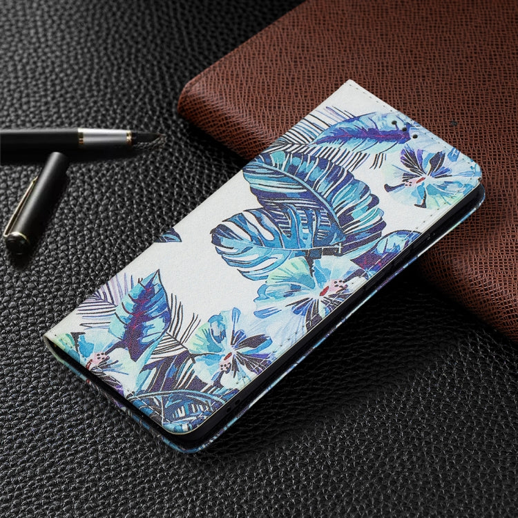 For Huawei P50 Pro Colored Drawing Pattern Invisible Magnetic Horizontal Flip PU Leather Case with Holder & Card Slots & Wallet(Blue Leaves) by buy2fix