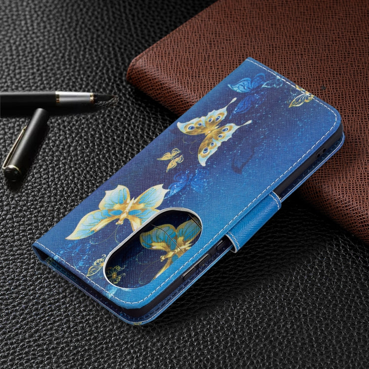 For Huawei P50 Pro Colored Drawing Pattern Horizontal Flip Leather Case with Holder & Card Slots & Wallet(Gold Butterfly) by buy2fix