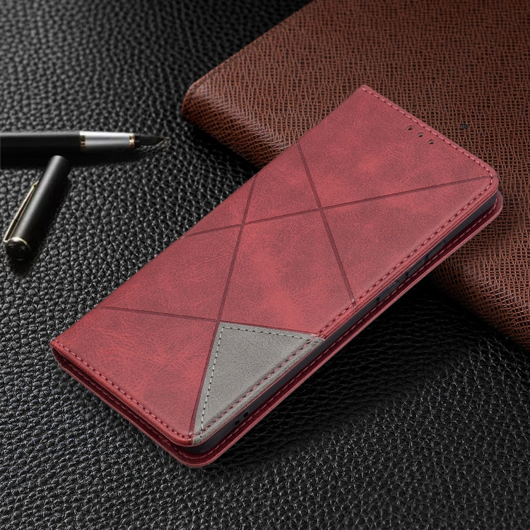 For Huawei P50 Pro Rhombus Texture Horizontal Flip Magnetic Leather Case with Holder & Card Slots(Red) by buy2fix