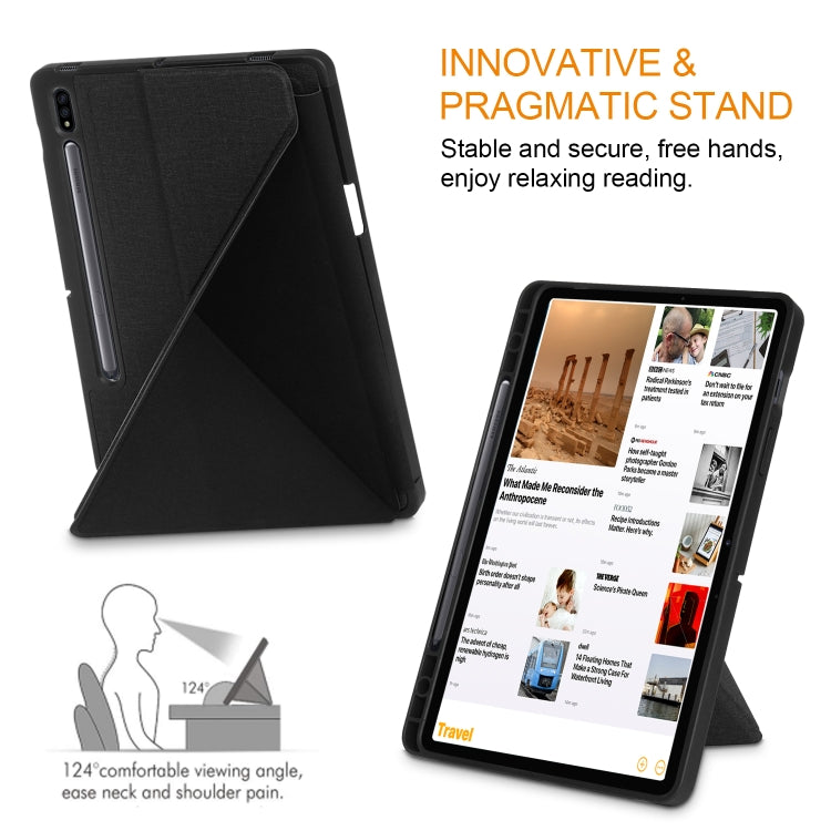 For Samsung Galaxy Tab S8 / Galaxy Tab S7 T870 Cloth Texture Multi-folding Horizontal Flip PU Leather Shockproof Case with Holder & Sleep / Wake-up Function(Black) - Galaxy Tab S8 Cases by buy2fix | Online Shopping UK | buy2fix