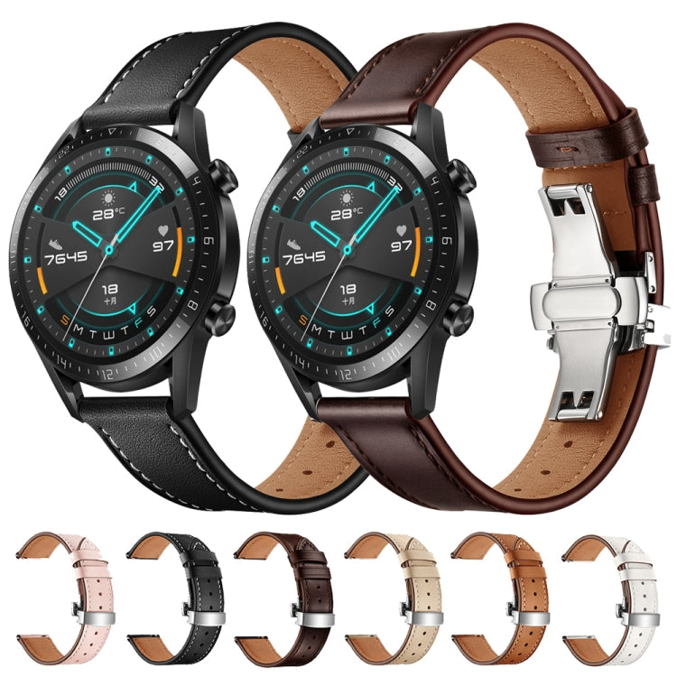 22mm Universal Butterfly Buckle Leather Watch Band, Style:Silver Buckle(White) by buy2fix