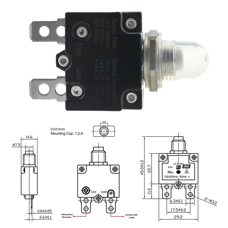 L2 Series 50V Car Overload Protector Manual Reset DC Circuit Breaker with Waterproof Cover, Current:20A by buy2fix