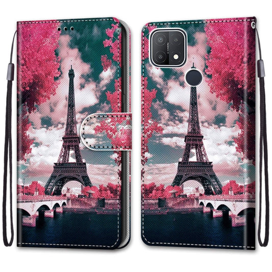 For OPPO A15 / A15s Coloured Drawing Cross Texture Horizontal Flip PU Leather Case with Holder & Card Slots & Wallet & Lanyard(Pink Flower Tower Bridge) by buy2fix