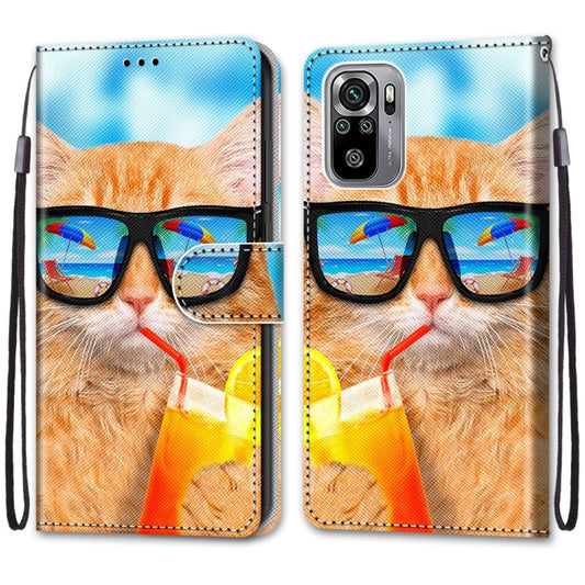 For Xiaomi Redmi Note 10 4G / Note 10s Coloured Drawing Cross Texture Horizontal Flip PU Leather Case with Holder & Card Slots & Wallet & Lanyard(Cat Drinking Soda) by buy2fix