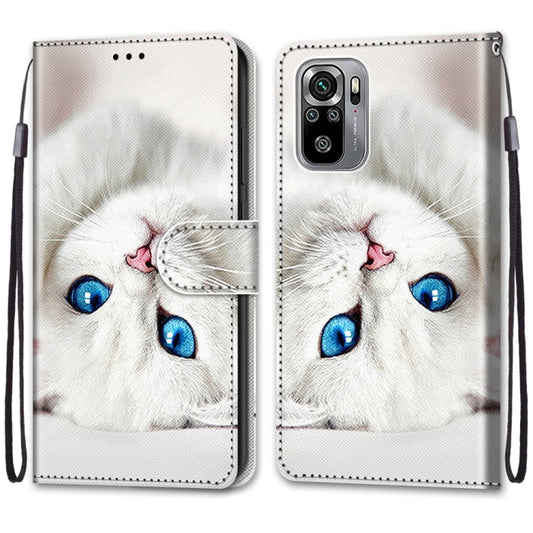 For Xiaomi Redmi Note 10 4G / Note 10s Coloured Drawing Cross Texture Horizontal Flip PU Leather Case with Holder & Card Slots & Wallet & Lanyard(White Kitten) by buy2fix