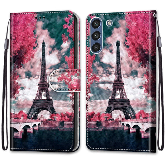 For Samsung Galaxy S21 FE Coloured Drawing Cross Texture Horizontal Flip PU Leather Case with Holder & Card Slots & Wallet & Lanyard(Pink Flower Tower Bridge) by buy2fix