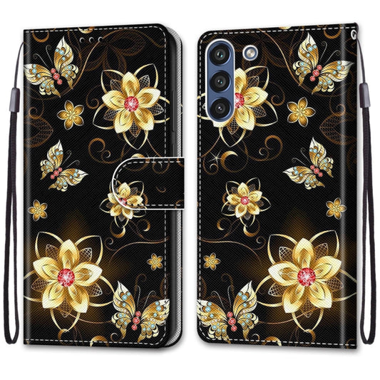 For Samsung Galaxy S21 FE Coloured Drawing Cross Texture Horizontal Flip PU Leather Case with Holder & Card Slots & Wallet & Lanyard(Gold Diamond Butterfly) by buy2fix