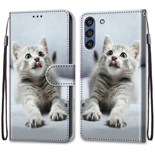 For Samsung Galaxy S21 FE Coloured Drawing Cross Texture Horizontal Flip PU Leather Case with Holder & Card Slots & Wallet & Lanyard(Small Gray Cat) by buy2fix