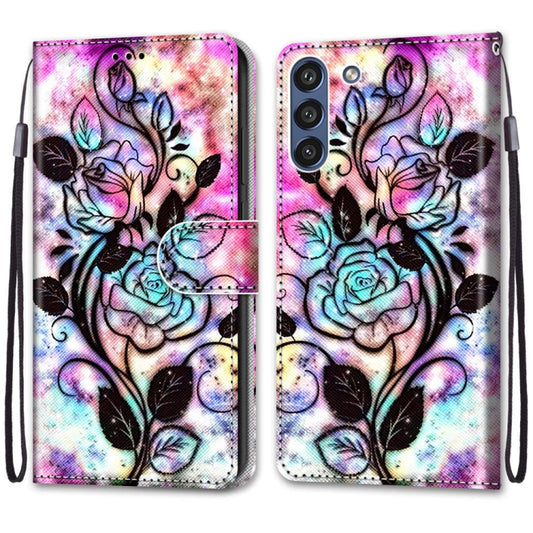 For Samsung Galaxy S21 FE Coloured Drawing Cross Texture Horizontal Flip PU Leather Case with Holder & Card Slots & Wallet & Lanyard(Color Bottom Hollow Flower) by buy2fix