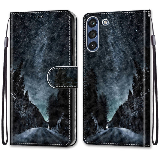 For Samsung Galaxy S21 FE Coloured Drawing Cross Texture Horizontal Flip PU Leather Case with Holder & Card Slots & Wallet & Lanyard(Mountain Road Starry Sky) by buy2fix