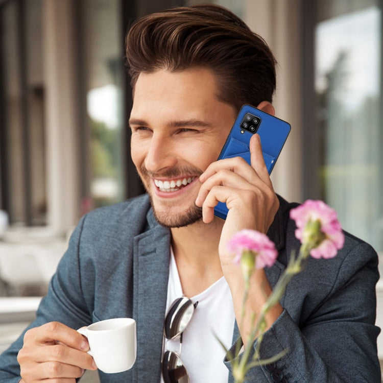 For Samsung Galaxy A42 5G Skin Feel PU + TPU + PC Back Cover Shockproof Case with Card Slots & Holder & Photo Frame(Blue) by buy2fix