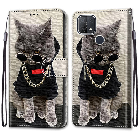For OPPO A15 / A15s Coloured Drawing Cross Texture Horizontal Flip PU Leather Case with Holder & Card Slots & Wallet & Lanyard(Golden Chain Grey Cat) by buy2fix
