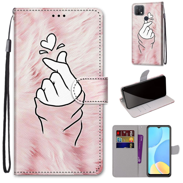 For OPPO A15 / A15s Coloured Drawing Cross Texture Horizontal Flip PU Leather Case with Holder & Card Slots & Wallet & Lanyard(Pink Hands Heart) - OPPO Cases by buy2fix | Online Shopping UK | buy2fix