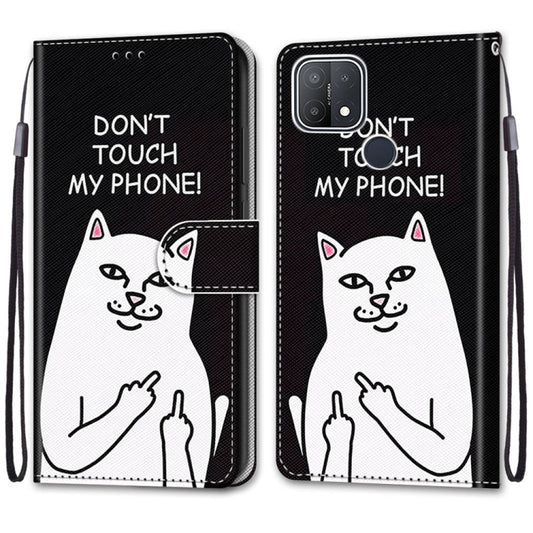 For OPPO A15 / A15s Coloured Drawing Cross Texture Horizontal Flip PU Leather Case with Holder & Card Slots & Wallet & Lanyard(Middle Finger White Cat) by buy2fix