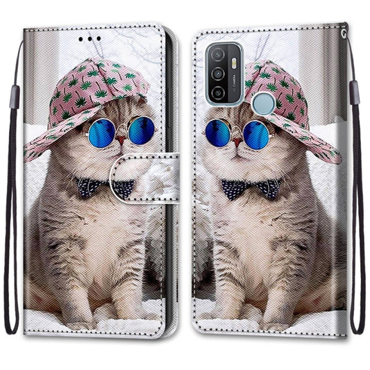 For OPPO A53 4G(2020) / A53s / A32 / A33 (2020) Coloured Drawing Cross Texture Horizontal Flip PU Leather Case with Holder & Card Slots & Wallet & Lanyard(Slant Hat Blue Mirror Cat) by buy2fix