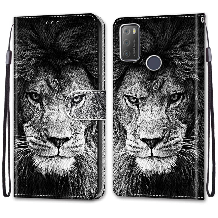 For Alcatel 3L 2021 Coloured Drawing Cross Texture Horizontal Flip PU Leather Case with Holder & Card Slots & Wallet & Lanyard(Black White Lion Head) - Alcatel Cases by buy2fix | Online Shopping UK | buy2fix