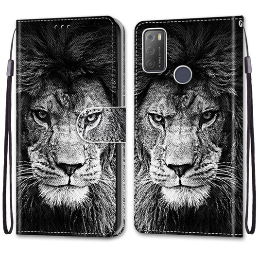 For Alcatel 3L 2021 Coloured Drawing Cross Texture Horizontal Flip PU Leather Case with Holder & Card Slots & Wallet & Lanyard(Black White Lion Head) by buy2fix
