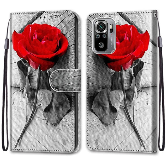 For Xiaomi Redmi Note 10 4G / Note 10S Coloured Drawing Cross Texture Horizontal Flip PU Leather Case with Holder & Card Slots & Wallet & Lanyard(Wood Red Rose) by buy2fix