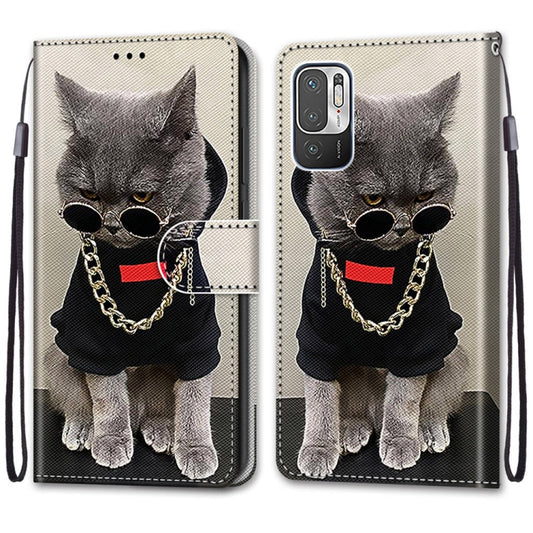 For Xiaomi Redmi Note 10 5G Coloured Drawing Cross Texture Horizontal Flip PU Leather Case with Holder & Card Slots & Wallet & Lanyard(Golden Chain Grey Cat) by buy2fix