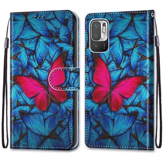 For Xiaomi Redmi Note 10 5G Coloured Drawing Cross Texture Horizontal Flip PU Leather Case with Holder & Card Slots & Wallet & Lanyard(Blue Red Butterfly) by buy2fix