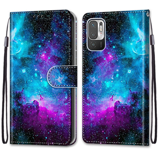 For Xiaomi Redmi Note 10 5G Coloured Drawing Cross Texture Horizontal Flip PU Leather Case with Holder & Card Slots & Wallet & Lanyard(Purple Green Starry Sky) by buy2fix