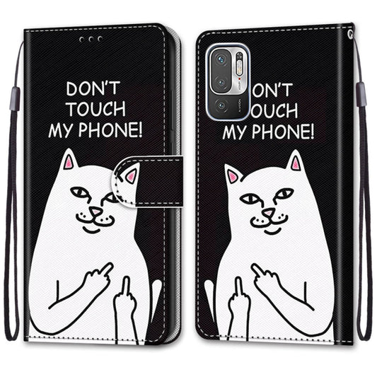 For Xiaomi Redmi Note 10 5G Coloured Drawing Cross Texture Horizontal Flip PU Leather Case with Holder & Card Slots & Wallet & Lanyard(Middle Finger White Cat) by buy2fix