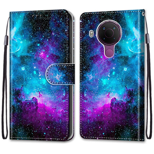 For Nokia 5.4 Coloured Drawing Cross Texture Horizontal Flip PU Leather Case with Holder & Card Slots & Wallet & Lanyard(Purple Green Starry Sky) by buy2fix