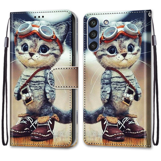 For Samsung Galaxy S21 FE Coloured Drawing Cross Texture Horizontal Flip PU Leather Case with Holder & Card Slots & Wallet & Lanyard(Leather Shoes Cat) by buy2fix